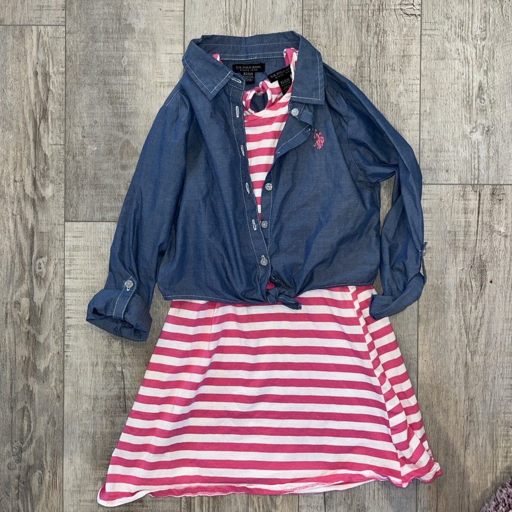 US POLO ASSN Girls Hot Pink Striped Dress Size W/shirt‎ Size XL (12)